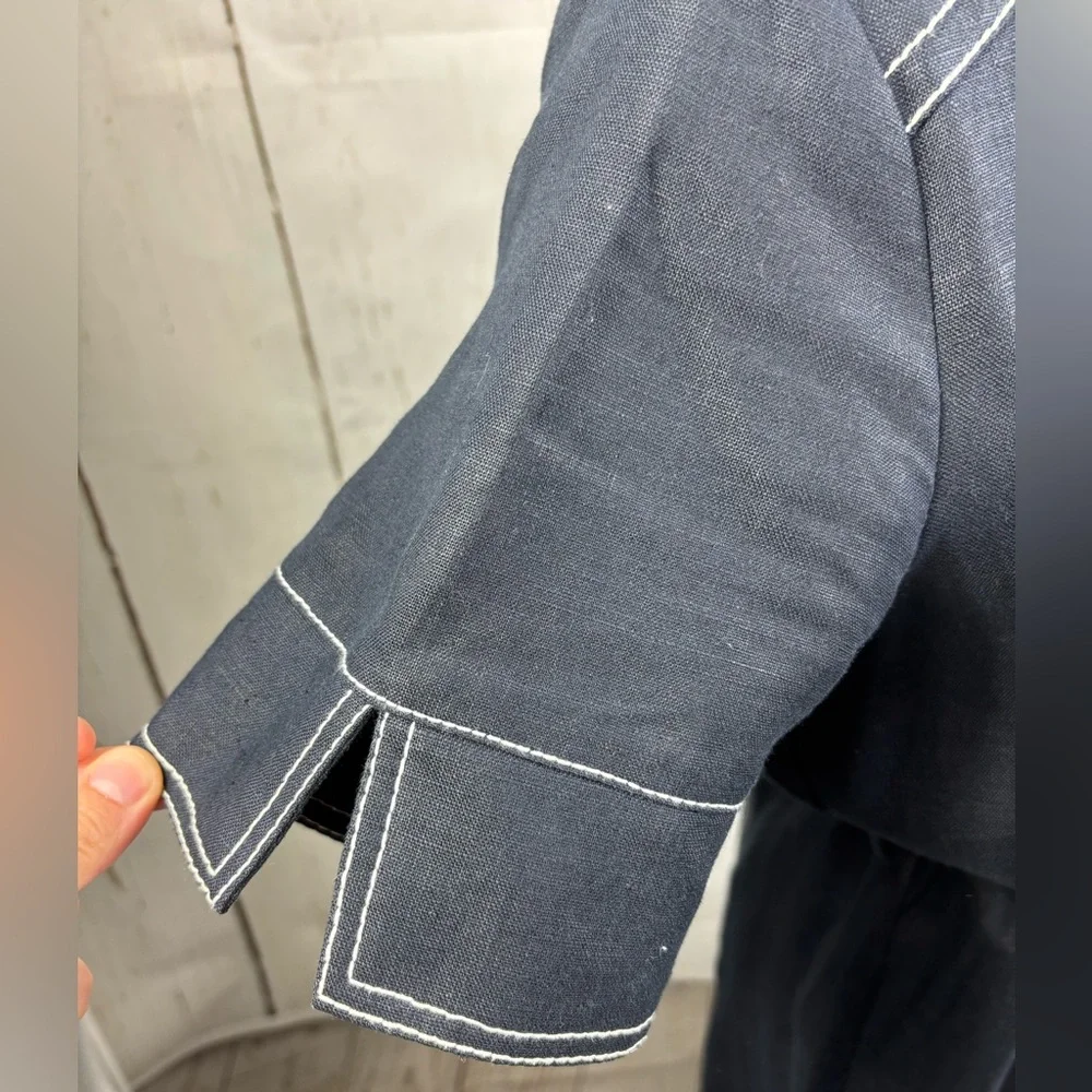 Linen Dress Button Up Navy White Stitching Belted - Picture 3 of 9
